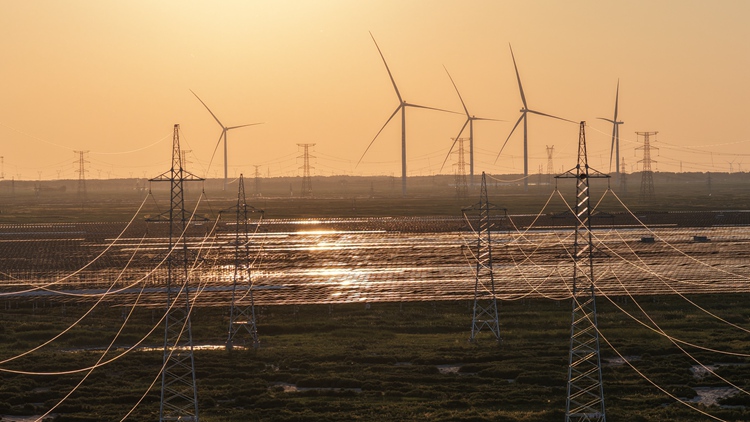 位于大安吉電綠氫合成氨一體化示范項目的風(fēng)機和光伏。吉電股份供圖
