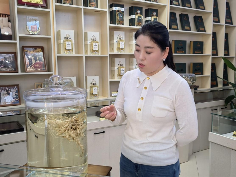 孫寧宇介紹人參酒。人民網記者 馬俊華攝