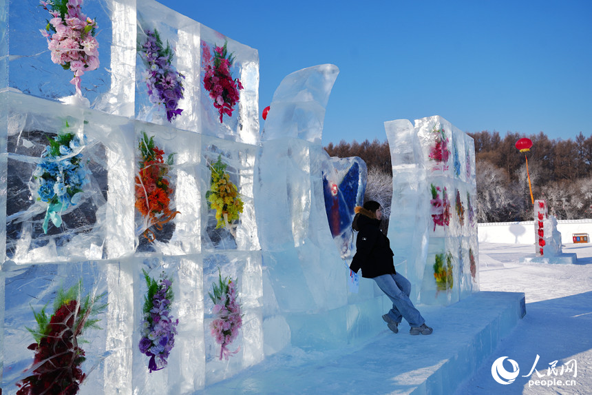 游客在長春凈月潭國家森林公園與冰封墻合影留念。人民網記者 李洋攝