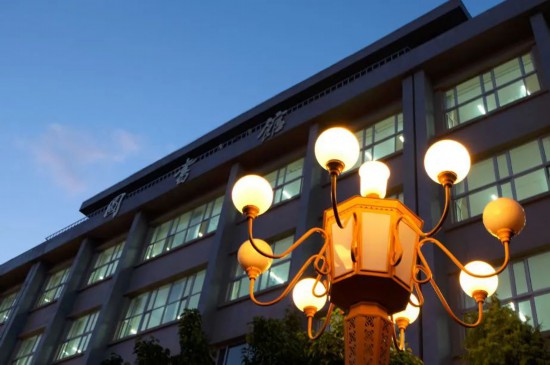 吉林大學(xué)圖書館前，華燈初上，寧靜祥和。